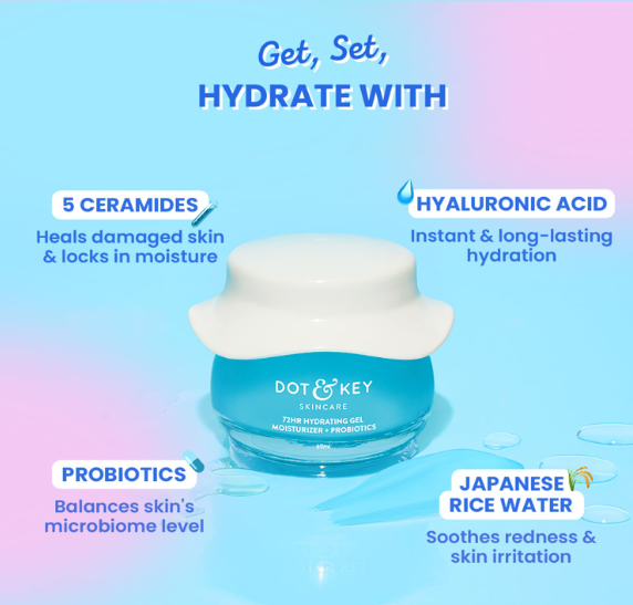 DOT & KEY 72Hr Hydrating Gel + Probiotics Moisturizer For Face With Hyaluronic Acid, Kombucha & Rice Water Lightweight Gel Oil Free Moisturizer