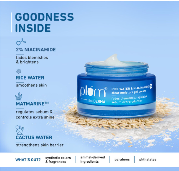 Plum 2% Niacinamide & Rice Water Superlight Gel Cream Moisturizer for Face 50 g