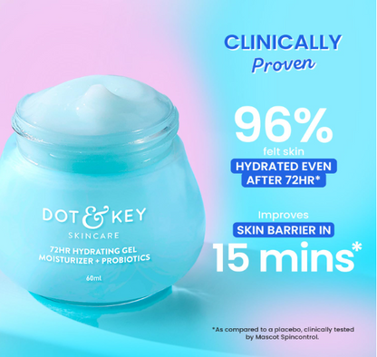 DOT &amp; KEY 72Hr Hydrating Gel + Probiotics Moisturizer For Face With Hyaluronic Acid, Kombucha &amp; Rice Water Lightweight Gel Oil Free Moisturizer